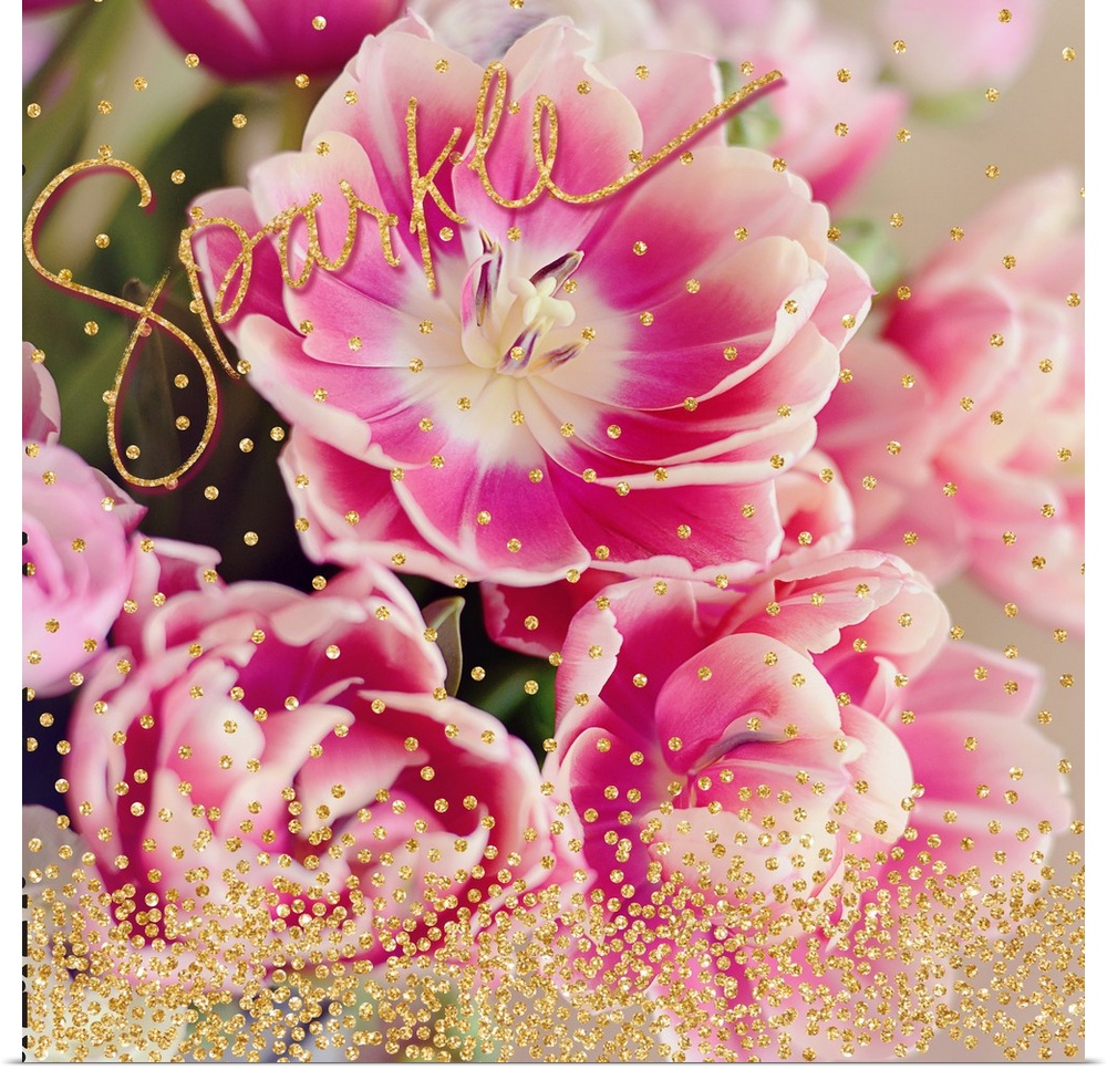 Square photograph of pink flowers with sparkly gold dots on top and the word "Sparkle" written in the top corner.