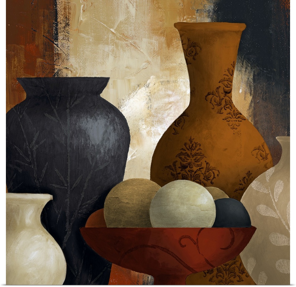A piece of contemporary artwork that has multiple vases of different shapes and sizes with various designs and one holding...