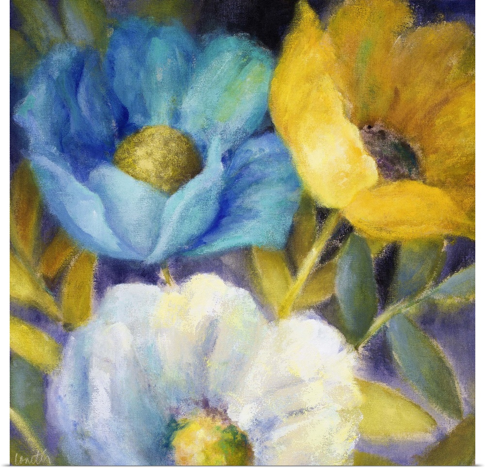 Contemporary artwork of three large flowers in blue, yellow, and white.