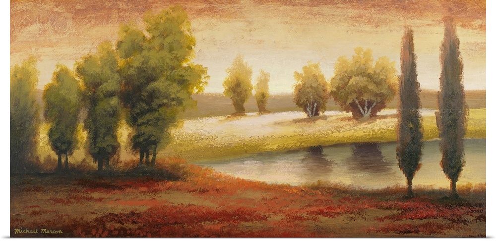 Giant landscape painting of a vibrant summer landscape of small groups of trees surrounding a pond, as the sun beams down ...