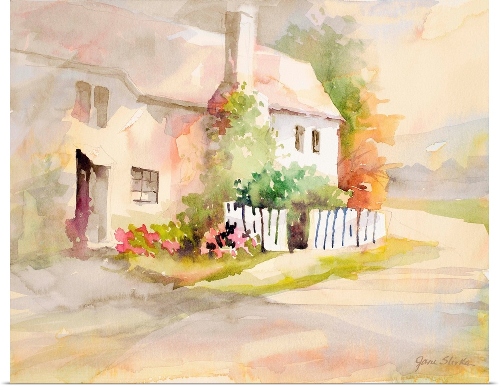 Contemporary watercolor painting of a countryside cottage with a white picket fence out front.