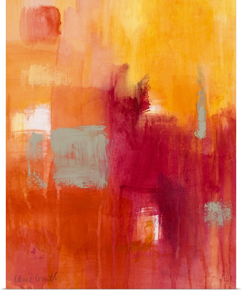 Vertical, abstract painting on a big canvas of patches of transitioning colors in warm tones and dripping paint streaks at...