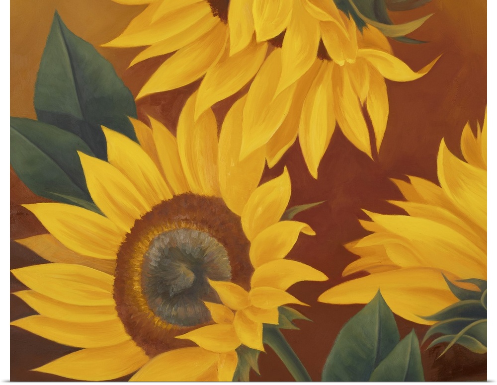 Big painting on canvas of three big sunflowers against a dark background.