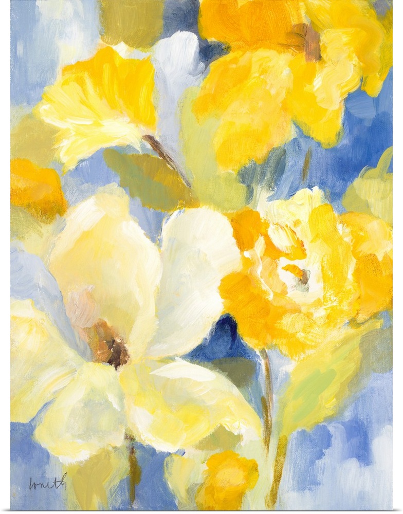 Cheerful painting of bright yellow flowers on blue.