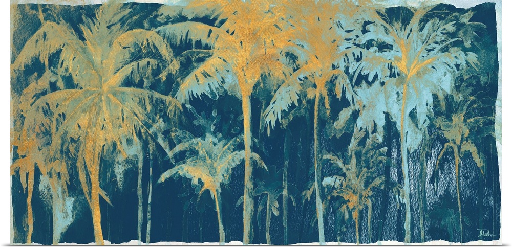 A tropical watercolor painting of gold and teal palm trees on a dark blue background.