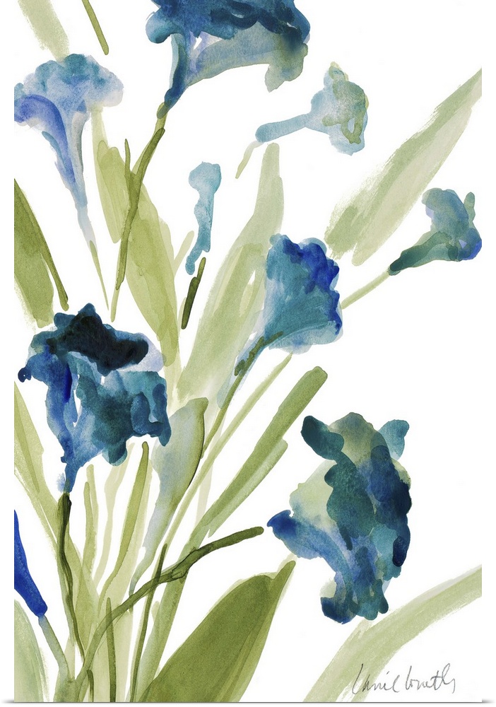 Watercolor painting of blue flowers on green stems against a white background.