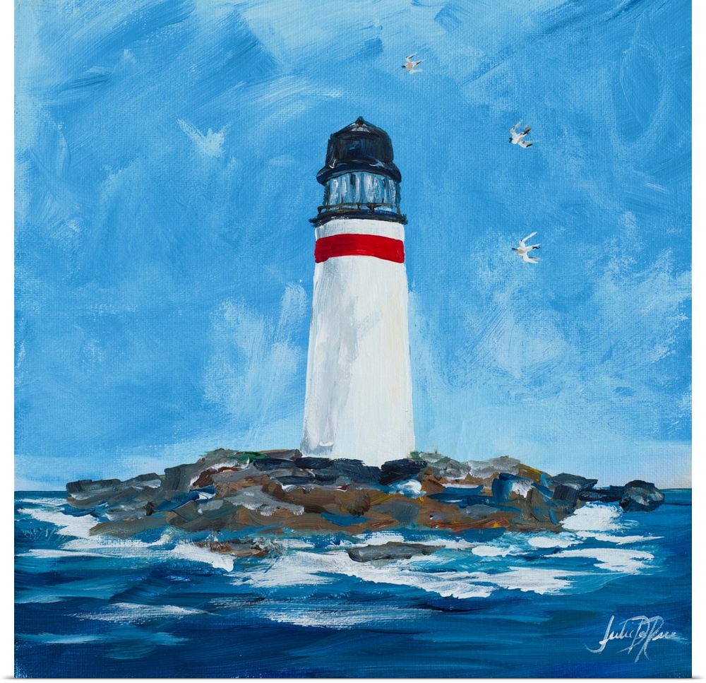 Contemporary square painting of a white lighthouse with one red strip at the top on an island surrounded by the ocean and ...