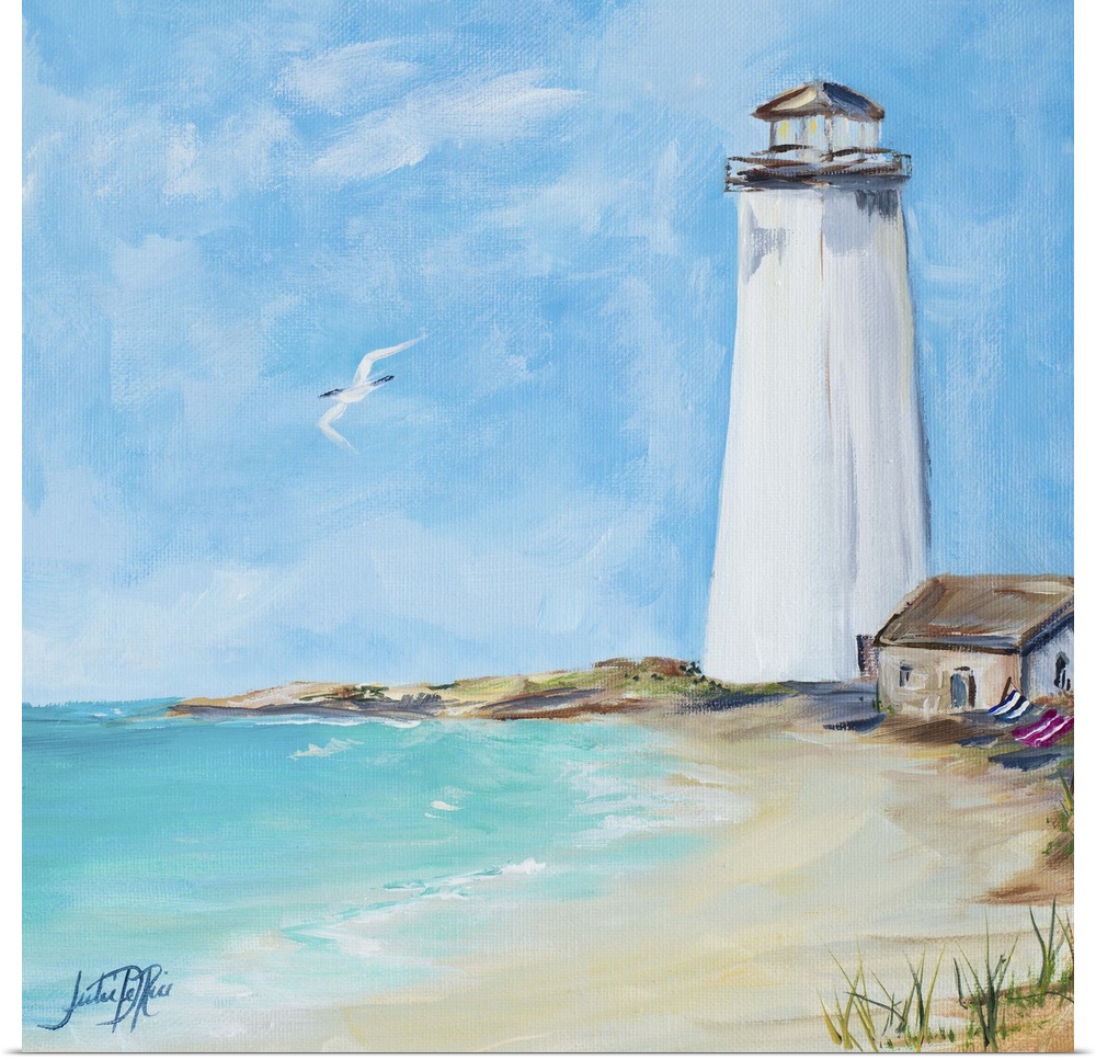 Square painting of an all white lighthouse on the shore with a seabird flying above the ocean.