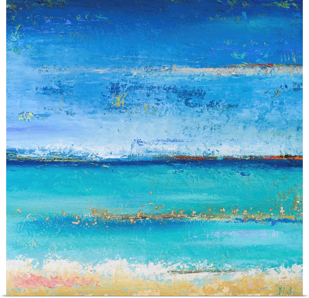 Abstract painting of a blue colorscape resembling the ocean from a beach view.