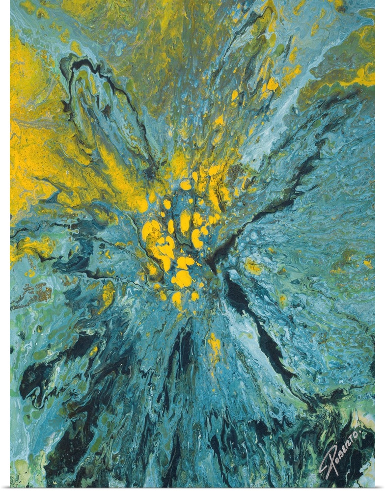 Abstract painting that depicts a blue and yellow paint explosion on to canvas.