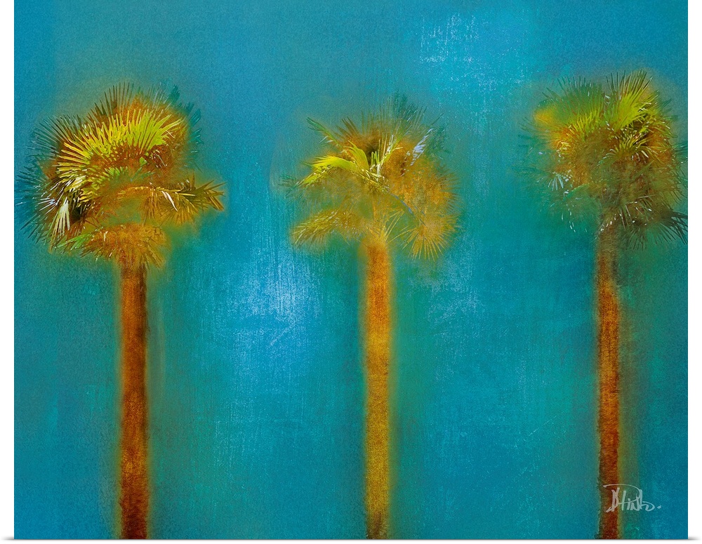 Contemporary artwork of three palm trees standing approximately the same distance from each other with a blue background.