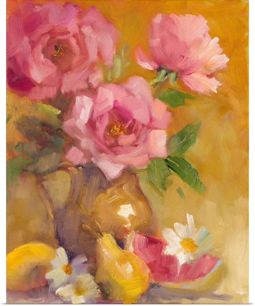 Still life painting of three pink roses in a vase with fruit slices.