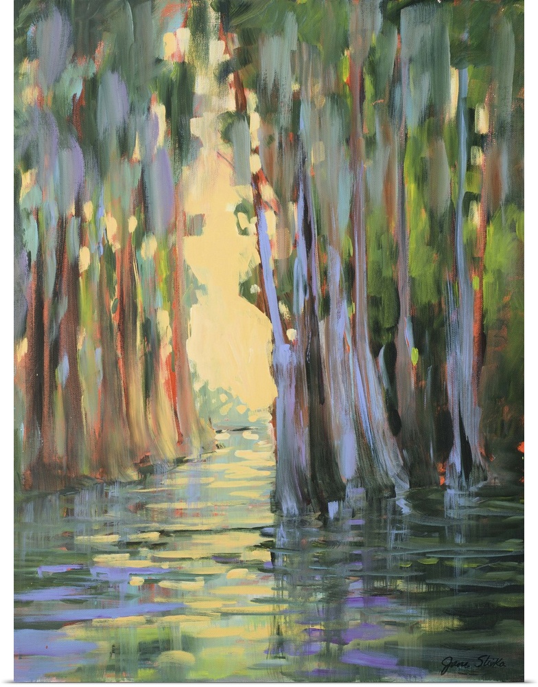 Contemporary artwork of a swampy forest with golden sunlight.
