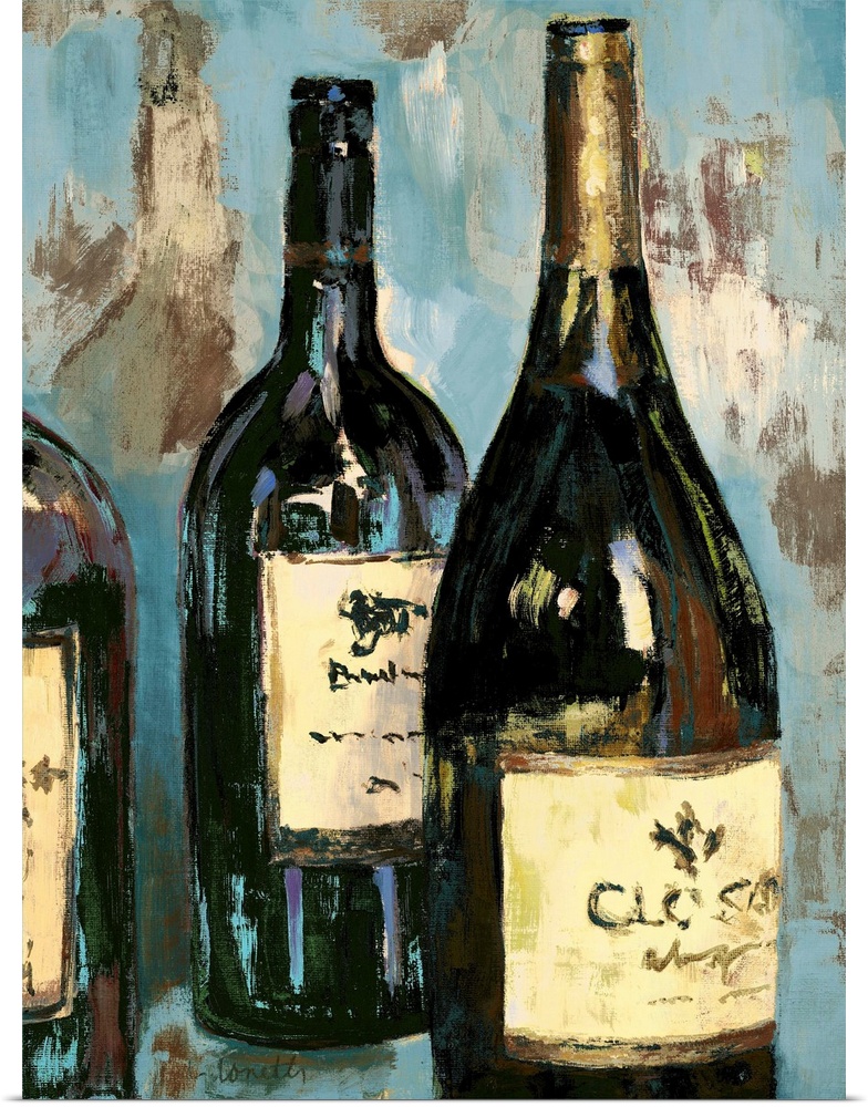 Still life painting of glass red and white wine bottles.