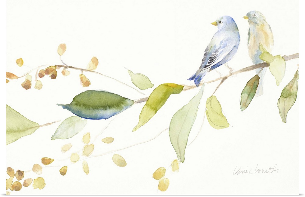 Watercolor painting of two birds perched on a branch with green and blue leaves and orange flower buds.