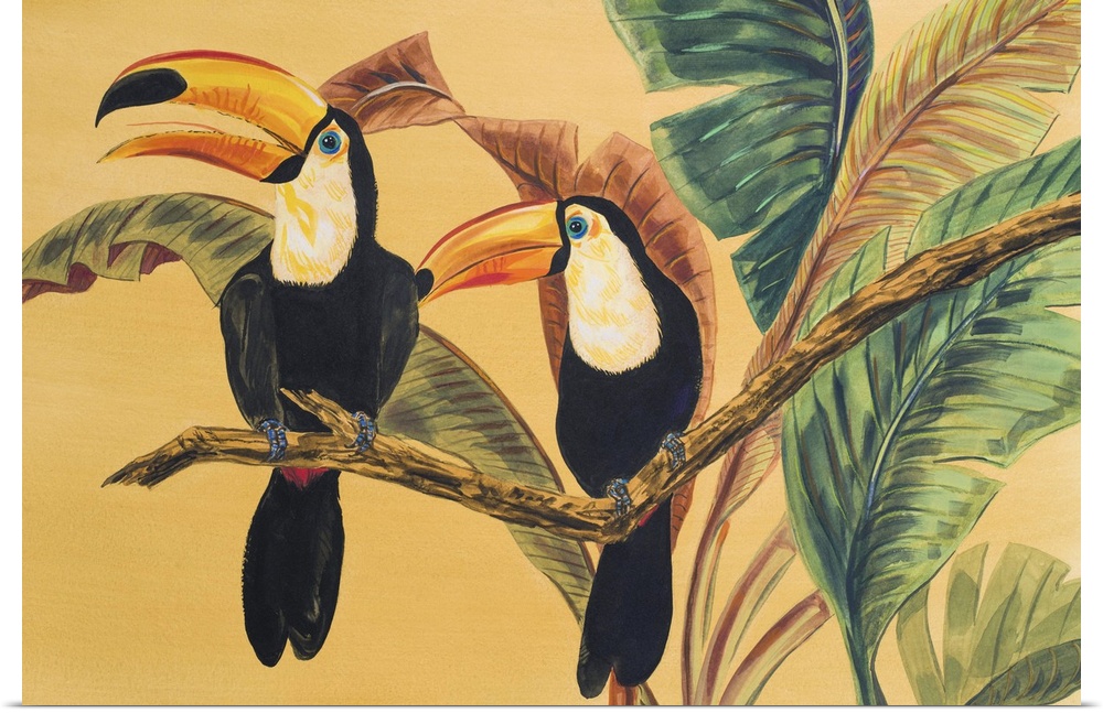 Contemporary artwork of toucans perched on a branch.