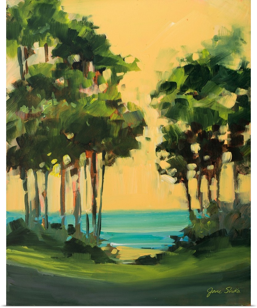 Contemporary landscape painting with trees near the ocean.
