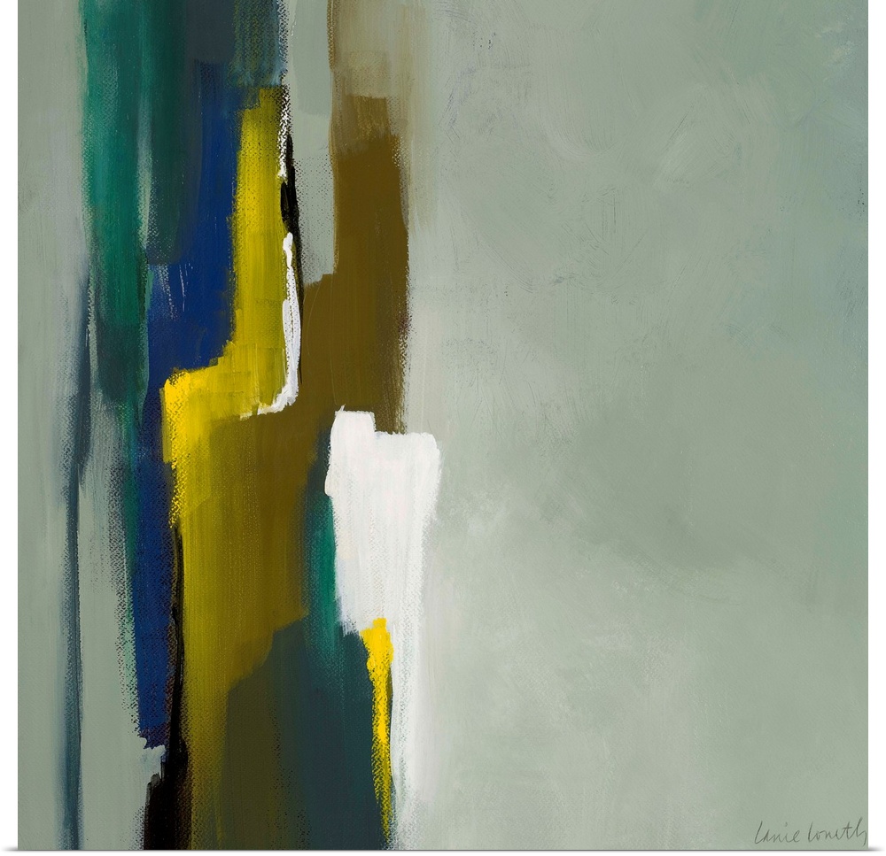 Modern art consisting of streaks of color in one quadrant of the painting. Streaks of color clash with neutral background.