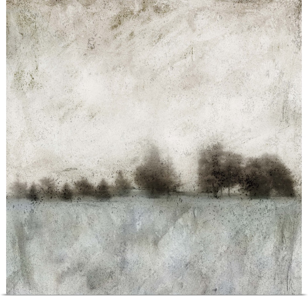 Square abstract painting of a neutral colored landscape showing an empty field and a tree line.