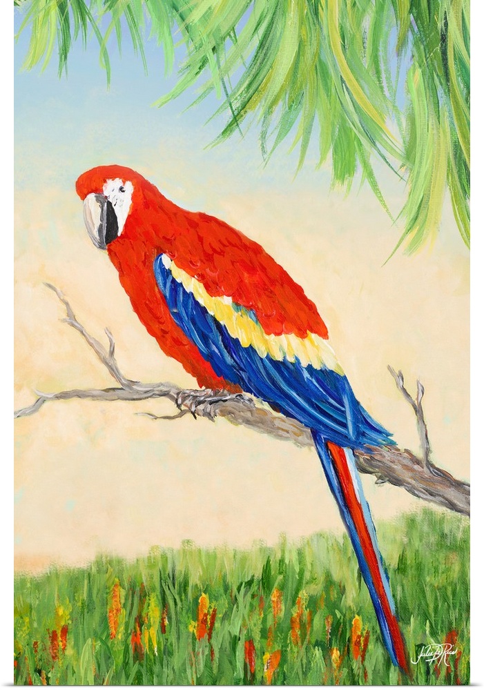 Painting of a Scarlet Macaw on a branch in a tropical scene.
