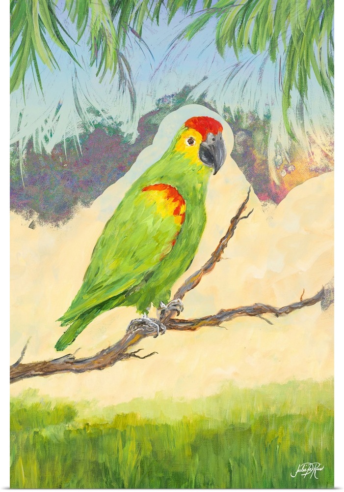 Painting of a Red Lored Amazon on a branch in a tropical scene.