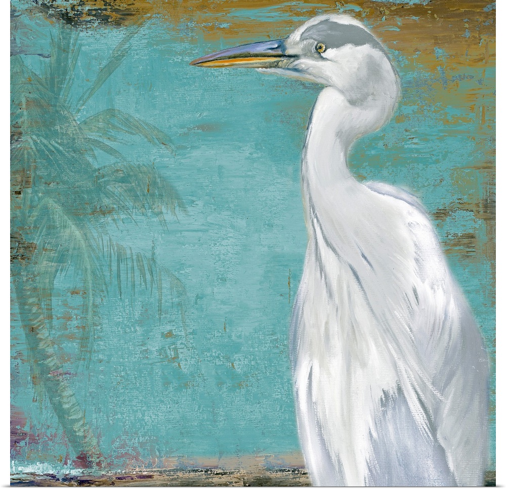 Docor perfect for the home of a painted white heron peering to the left where there is a faded palm tree.