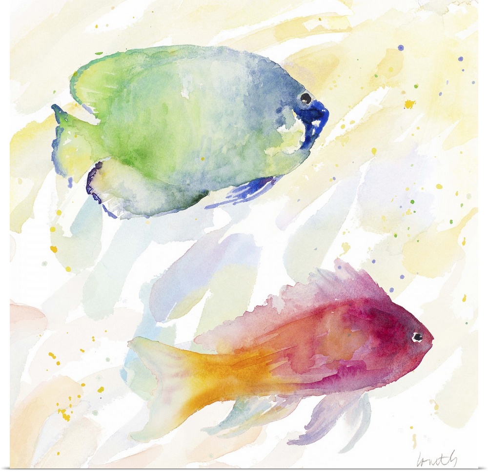 Watercolor painting of colorful tropical fish.