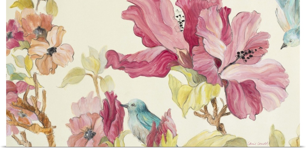 Contemporary painting of beautiful blooming flowers in pink and orange with a small blue bird.