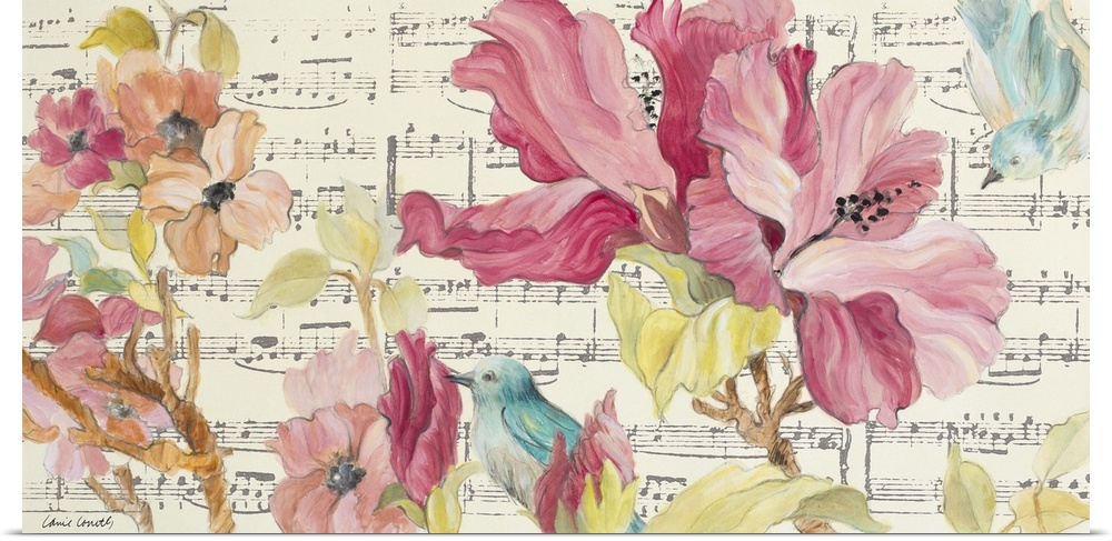 Contemporary painting of beautiful blooming flowers in pink and orange with a small blue bird with a sheet music background.