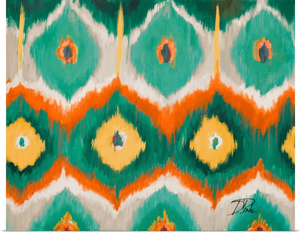 Contemporary painting of an Ikat pattern in vibrant tones of green orange and red.