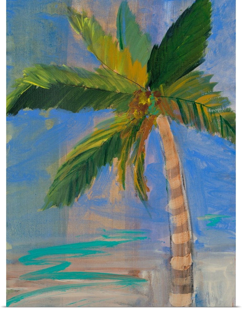 Contemporary painting of a palm tree against a deep blue sky.