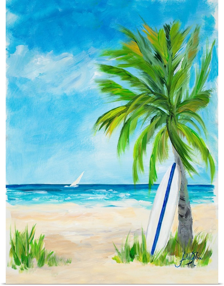Contemporary painting of a white surfboard with a blue stripe down the middle leaning up against a palm tree on a sandy be...