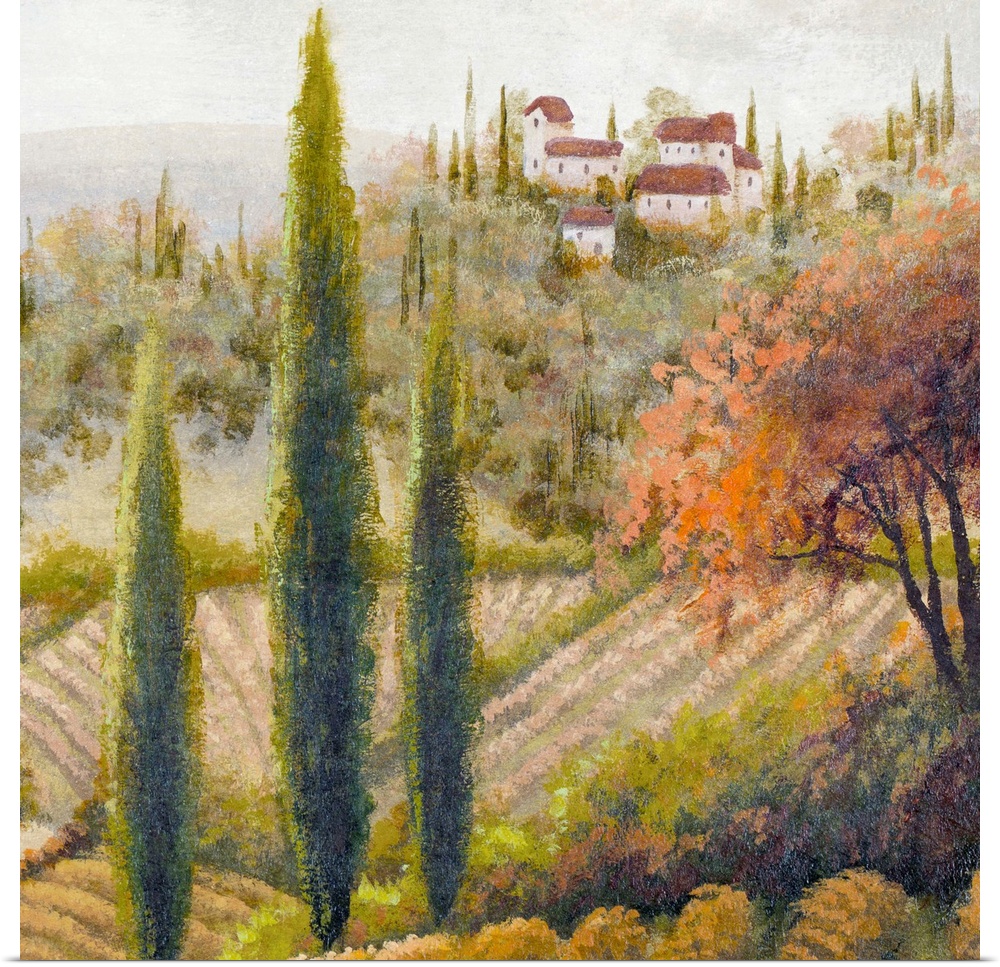 Cypress trees grow between fields of grape vines and Italian villas in the country side of this painted landscape decorati...