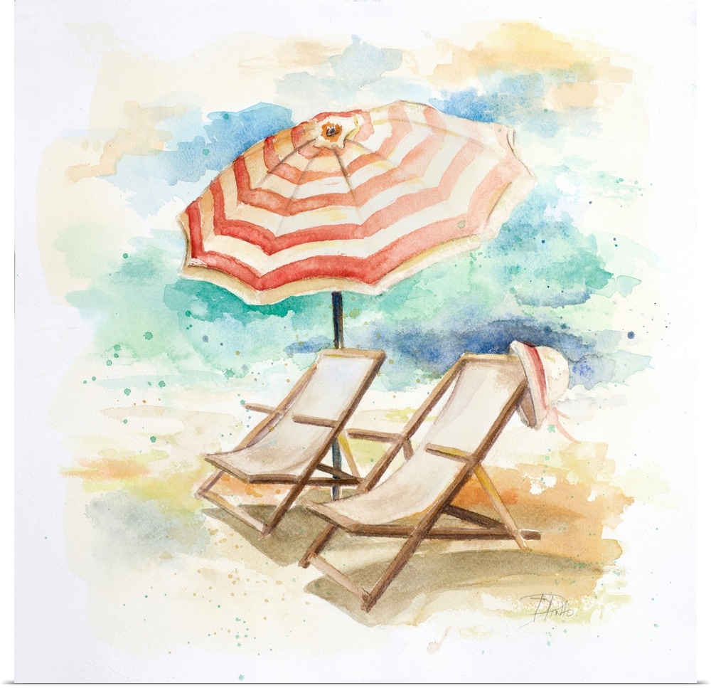 Watercolor painting of two beach chairs and a striped umbrella in the sand.