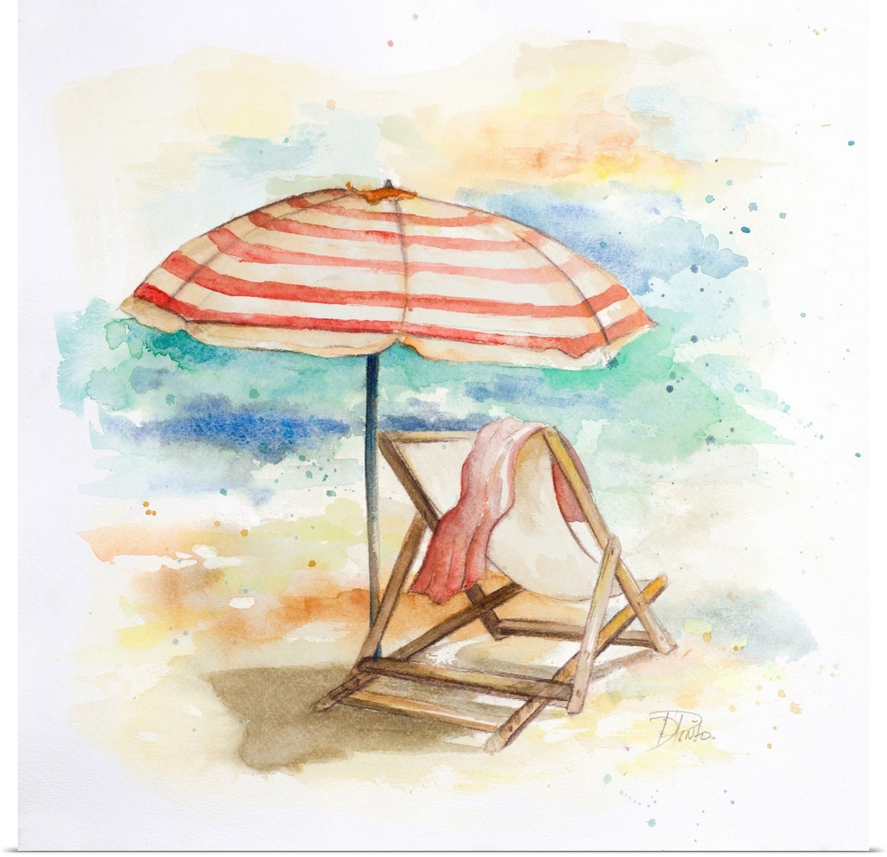Watercolor painting of a beach chair and a striped umbrella in the sand.