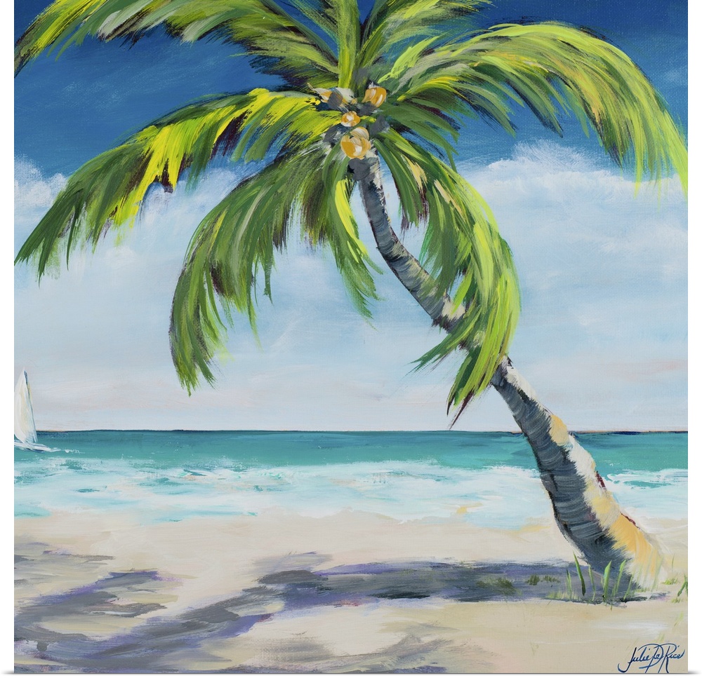 Square painting of a relaxing coastal scene with a sandy beach and a big palm tree with a sailboat in the distance.