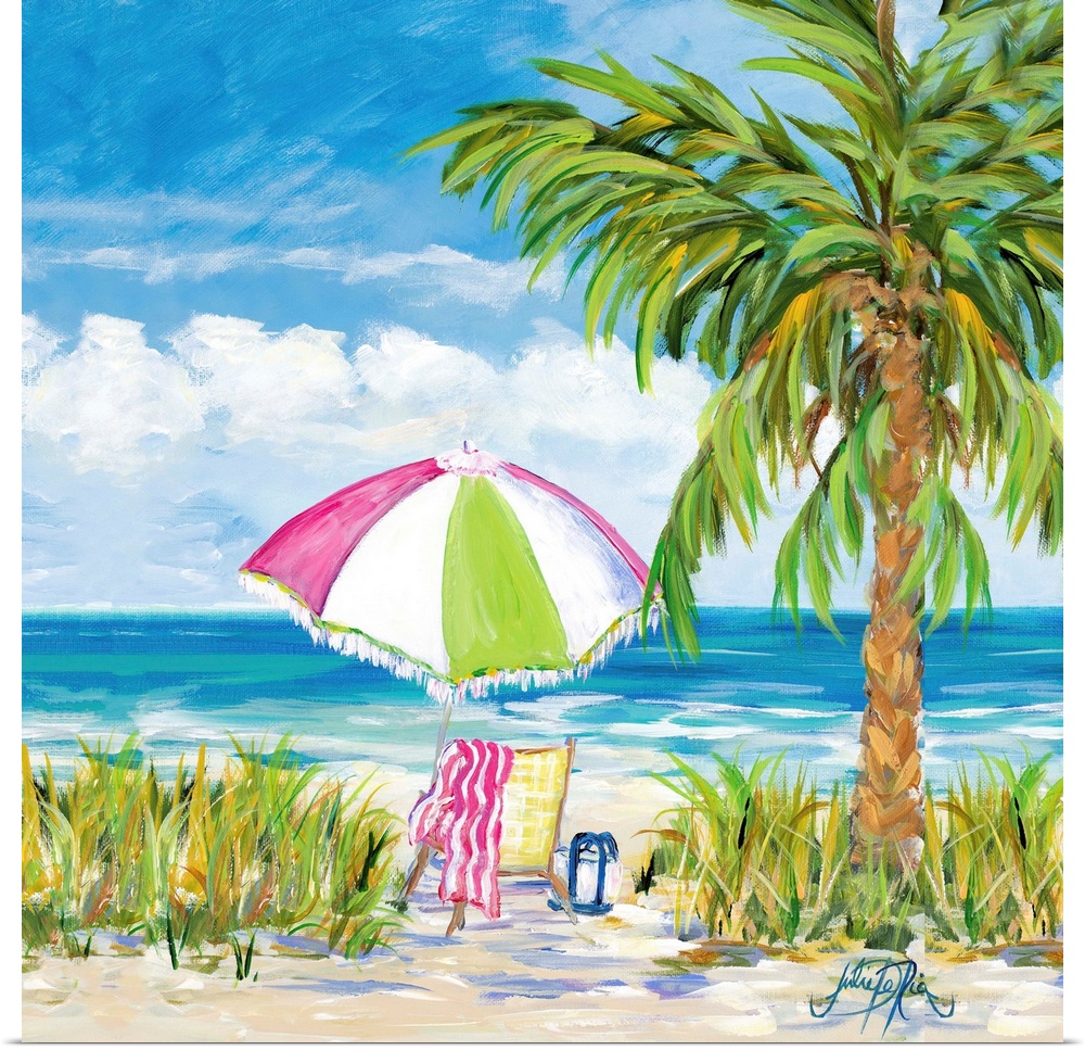 Square painting of a relaxing beach scene with a chair and a colorful umbrella set up next to a palm tree and beach grass,...