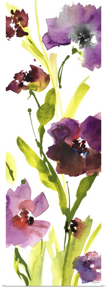 Contemporary watercolor painting of bright purple flowers.