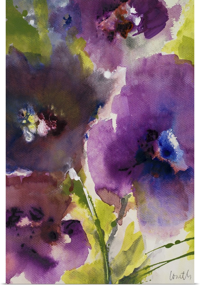 Contemporary watercolor painting of bright purple flowers.
