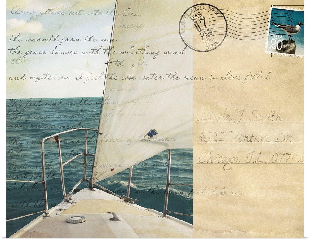 Big print of a postcard with the front tip of a sailboat sailing in the ocean on the left and handwriting overlaid on top.