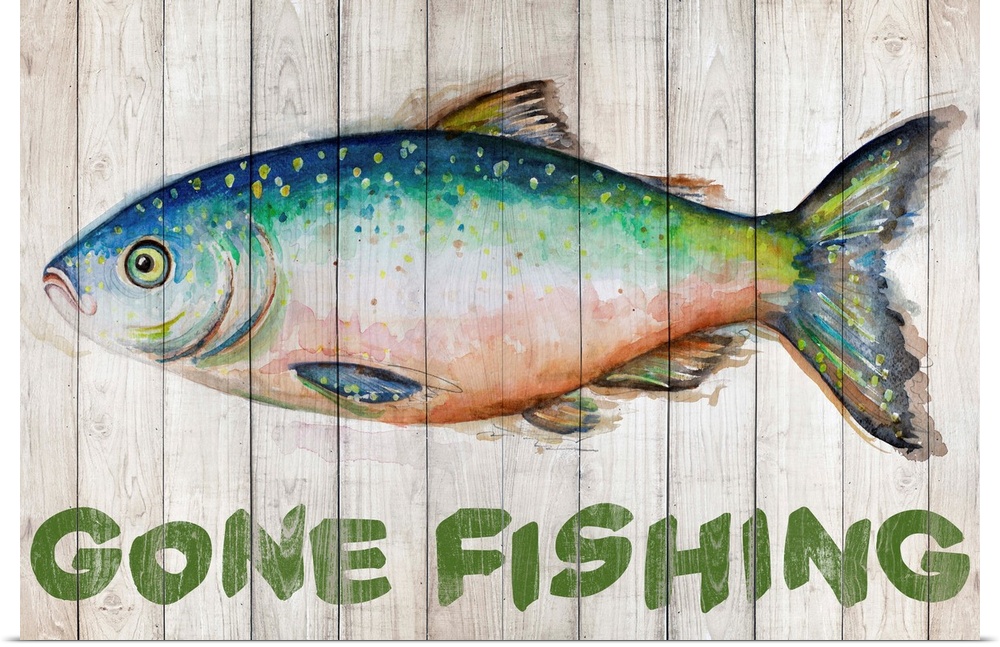 Painting of a fish on wooden boards with "Gone Fishing" written underneath.