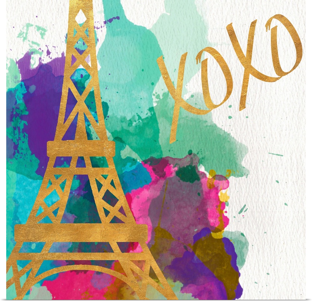 The Eiffel Tower in gold on multicolored watercolor splashes.