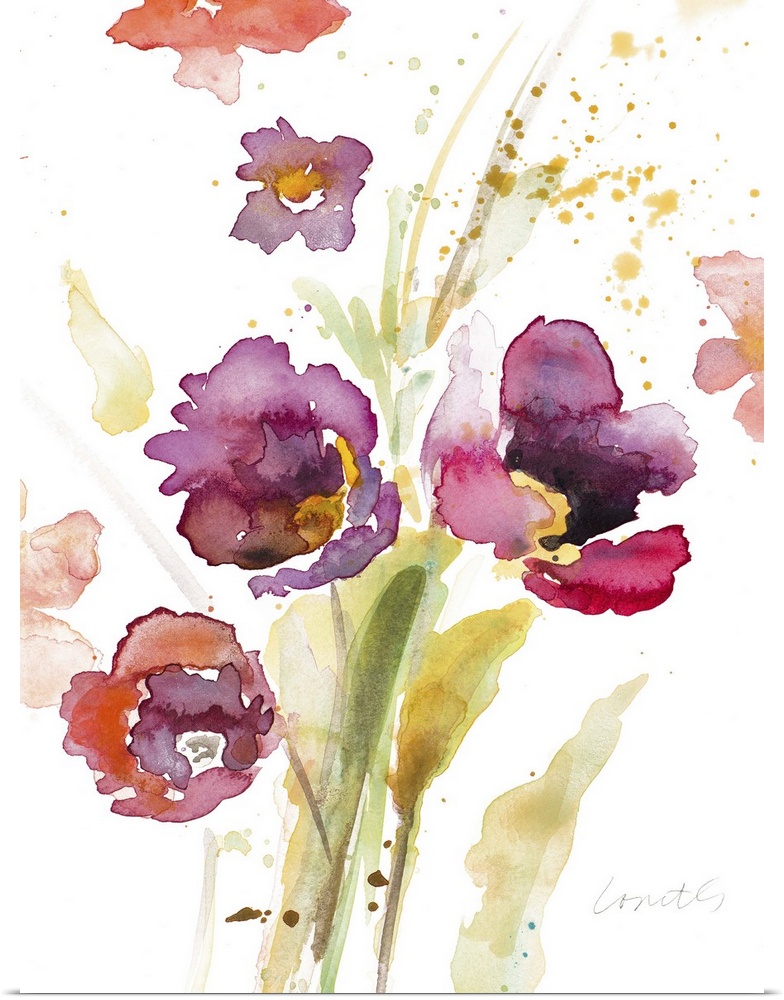 Watercolor painting of purple, pink, and red flowers with green and yellow stems and leaves on a white background with som...