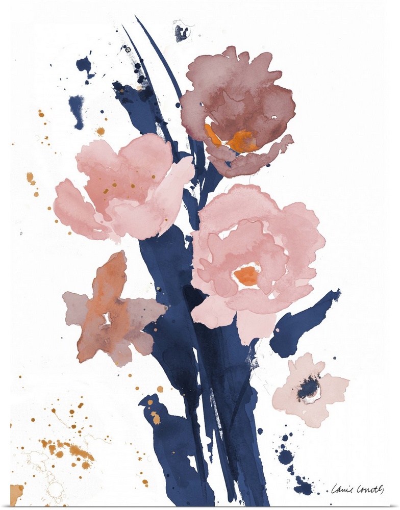 Contemporary watercolor painting of pink poppy flowers with navy blue stems.