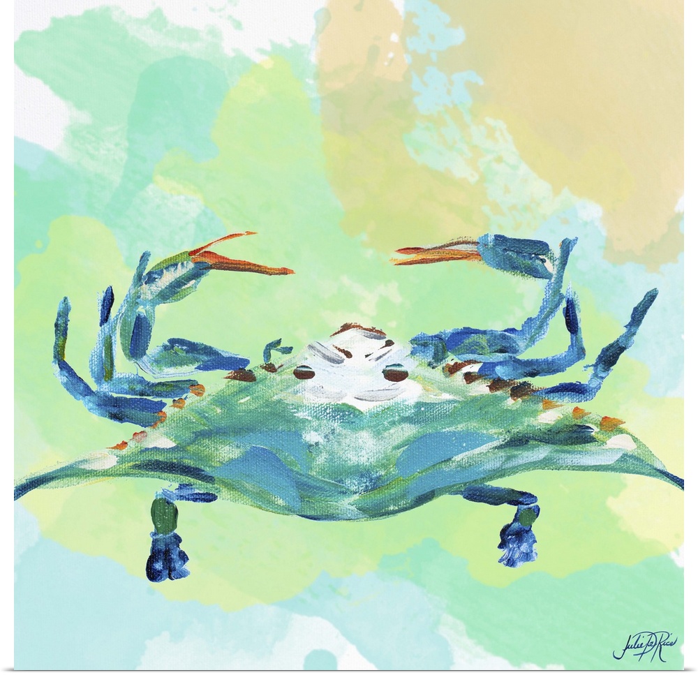 A watercolor painting of a blue crab with sharp claws.