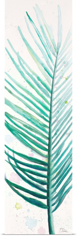Tall watercolor painting of a green-blue palm leaf with light colorful paint spatter on the white background.