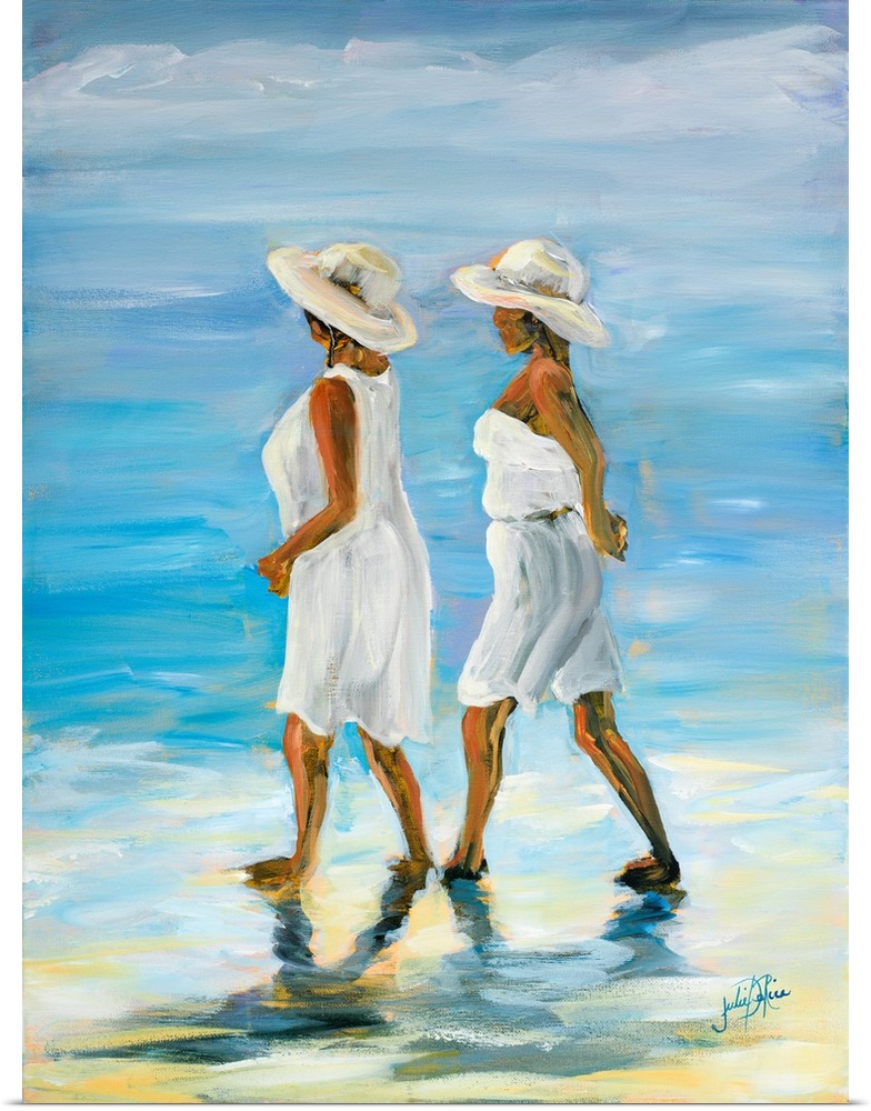 Painting of two women in white walking along the water's edge.