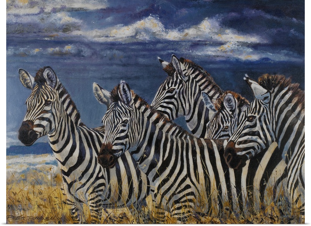 Contemporary wildlife painting of a group of zebras on the Serengeti.