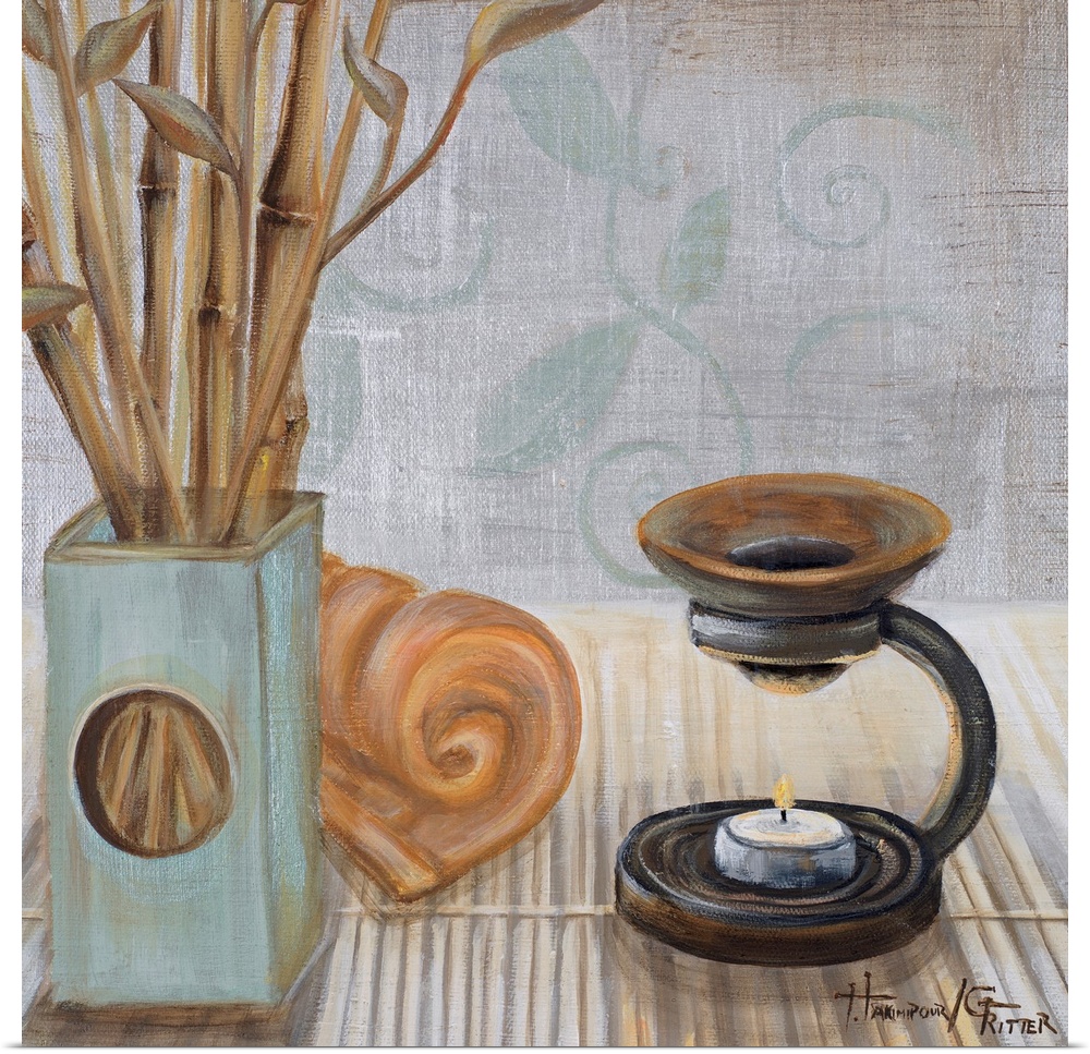 Square acrylic still life painting of bamboo, incense and objects suggesting serenity and calmness.