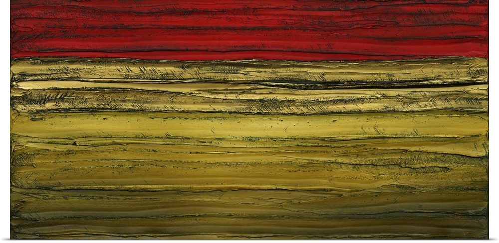 Large abstract painting with horizontal brushstrokes in gold and dark red.